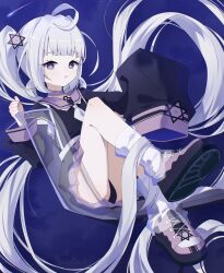 1girl absurdres anleewind ass bright_pupils grey_hair highres long_hair looking_at_viewer open_mouth original panties purple_eyes purple_panties purple_shoes purple_skirt school_uniform serafuku shoes shooting_star single_wide_sleeve skirt socks twintails underwear very_long_hair white_hair white_pupils white_socks