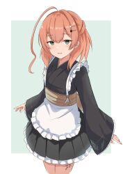 Rule 34 | 1girl, absurdres, ahoge, apron, black kimono, frilled apron, frilled sleeves, frills, green eyes, hair ornament, hairclip, highres, huge ahoge, japanese clothes, kantai collection, kaya (kancolle), kimono, maid, maid apron, obi, orange hair, sailor collar, sash, short hair, solo, sukimizaki, wa maid, white apron
