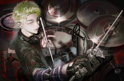1boy alternate_costume black_shirt commission drum drum_set drumsticks gloves green_hair headphones headphones_around_neck highres holding holding_drumsticks instrument kotaro_tamon looking_at_viewer male_focus microphone open_mouth phantom_busters shirt short_hair sitting solo spiked_wristband syanxxxg teeth tongue