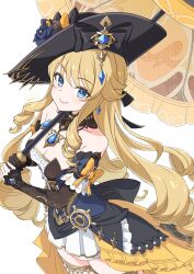 1girl black_bow black_choker black_flower black_hat black_sleeves blonde_hair blue_eyes blue_gemstone bow breasts choker cleavage closed_mouth detached_sleeves drill_hair drill_sidelocks earrings floating_hair flower gem genshin_impact hat hat_flower highres jewelry kamuraaa_615 lolita_fashion long_hair medium_breasts miniskirt multiple_hat_bows navia_(genshin_impact) orange_bow pleated_skirt ship&#039;s_wheel_ornament sidelocks skirt sleeves_past_wrists smile solo standing strapless thighhighs very_long_hair white_background white_skirt