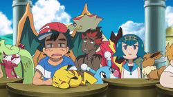 3boys 3girls alolan_form alolan_vulpix animated animated_gif ash_ketchum black_hair blonde_hair blue_eyes blue_hair blush brionne brown_eyes charizard covering_own_mouth eevee gen_1_pokemon gen_4_pokemon gen_7_pokemon green_eyes green_hair hand_over_own_mouth huge_filesize kiawe_(pokemon) lana_(pokemon) legendary_pokemon lillie_(pokemon) mallow_(pokemon) multiple_boys multiple_girls mythical_pokemon nintendo pikachu pokemon pokemon_(anime) pokemon_(creature) pokemon_sm_(anime) shaymin sophocles_(pokemon) tsareena turtonator yawning