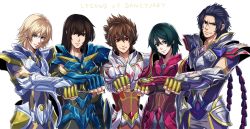 5boys alternate_hairstyle andromeda_shun armor black_hair blonde_hair blue_eyes blue_hair clenched_hand cygnus_hyouga dragon_shiryuu enmto green_eyes green_hair long_hair male_focus mole mole_under_mouth multiple_boys pegasus_seiya phoenix_ikki purple_hair red_eyes saint_seiya saint_seiya:_legend_of_sanctuary scar short_hair