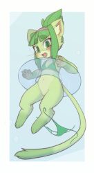 1girl afloat animal_ear_fluff animal_ears animal_feet animal_hands animal_nose barefoot bikini blue_background blunt_bangs blush body_fur border bottomless bubble cat_ears cat_girl cat_tail cleft_of_venus covered_erect_nipples embarrassed fang female_focus flat_chest from_below full_body furry furry_female glasses glint green_bikini green_eyes green_fur green_hair hairband innertube kekitopu legs looking_down matching_hair/eyes navel open_mouth original outside_border pawpads pink_hairband pussy raised_eyebrows short_hair side-tie_bikini_bottom sidelocks simple_background solo stomach string_bikini surprised swim_ring swimsuit tail thick_thighs thighs topknot uncensored unworn_bikini_bottom wardrobe_malfunction whiskers white_border