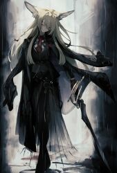 Rule 34 | 1girl, animal ears, ankoro mochi, arknights, black bow, black coat, blonde hair, blood, blood on clothes, bow, chain, character request, closed eyes, coat, coat on shoulders, facial scar, fox ears, fox girl, full body, hair between eyes, hair bow, hair over one eye, highres, holding, holding sword, holding weapon, looking at viewer, necktie, rain, red necktie, scar, scar on cheek, scar on face, scenery, solo, standing, sword, tassel, vulpisfoglia (arknights), weapon
