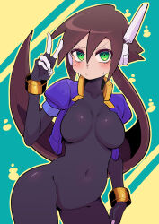 Rule 34 | 1girl, absurdres, aile (mega man zx), black bodysuit, black jacket, blush, bodysuit, bodysuit under clothes, breasts, brown hair, buzzlyears, covered navel, cowboy shot, cropped jacket, green background, green eyes, highres, jacket, long hair, medium breasts, mega man (series), mega man zx, mega man zx advent, no pants, open clothes, open jacket, ponytail, robot ears, simple background, solo, v