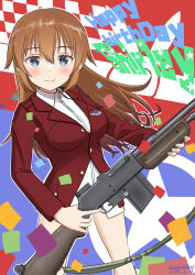 1girl blue_eyes blush breasts brown_hair charlotte_e._yeager gun happy_birthday highres holding holding_gun holding_weapon insignia jacket large_breasts long_hair looking_at_viewer military military_uniform naruchisukisuki no_pants red_jacket smile standing strike_witches weapon world_witches_series