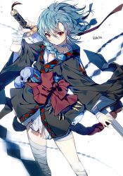 1girl artist_name bandages blue_hair braid female_focus floating_hair hair_between_eyes holding holding_sword holding_weapon long_hair looking_at_viewer obi original red_eyes sash simple_background skull solo standing sukja sword weapon white_background