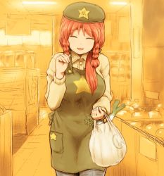 1girl alternate_costume apron bag beige_shirt beret blue_pants breasts closed_eyes commentary_request cowboy_shot daikon facing_viewer green_hat hand_up hat hat_ornament hong_meiling indoors large_breasts long_sleeves open_mouth pants plastic_bag radish raised_eyebrows red_hair shirosato shop smile solo spring_onion star_(symbol) star_print touhou