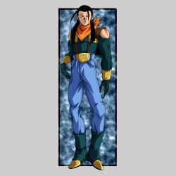 Rule 34 | 1boy, absurdres, bandana, black hair, blue eyes, dragon ball, dragon ball gt, earrings, gloves, grin, highres, jewelry, long hair, looking at viewer, male focus, muscular, muscular male, noir illust, open mouth, orange bandana, pants, red ribbon army, smile, super android 17, teeth