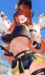 1girl :d absurdres arknights bagpipe_(arknights) bagpipe_(queen_no._1)_(arknights) black_gloves black_hat blue_skirt blue_sky blush breasts cleavage commentary_request cowboy_shot crop_top dated dragon_girl dragon_horns fingerless_gloves flag from_below gloves hat highres holding horns kajuu large_breasts long_hair looking_at_viewer microskirt midriff navel official_alternate_costume open_mouth orange_hair outdoors purple_eyes race_queen shiny_skin signature skirt sky smile solo thighs v white_flag