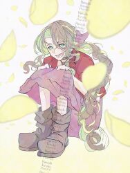 Rule 34 | 1girl, 7hanada, aerith gainsborough, artist name, boots, braid, braided ponytail, brown boots, choker, cropped jacket, dress, falling petals, final fantasy, final fantasy vii, final fantasy vii remake, flower choker, green eyes, hair ribbon, highres, hugging own legs, jacket, long dress, long hair, open mouth, parted bangs, petals, pink dress, pink ribbon, red jacket, ribbon, sidelocks, single braid, smile, solo, white background, yellow petals