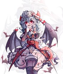 1girl absurdres ascot bat_wings covering_own_mouth dress fangs fingernails flandre_scarlet flower gem grey_flower hair_between_eyes hair_flower hair_ornament hand_over_own_mouth hand_up hat highres koumajou_densetsu long_hair long_sleeves mob_cap mole mole_on_thigh nail_polish open_mouth purple_hair red_eyes red_gemstone red_nails rudyboxer sharp_fingernails smile solo thighhighs touhou wavy_hair white_ascot white_dress white_hat white_thighhighs wings