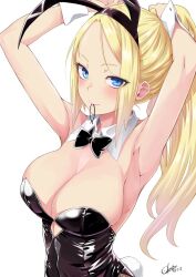 1girl adjusting_hair animal_ears armpits arms_up black_bow black_bowtie black_headband black_leotard blonde_hair blue_eyes blush bow bowtie breasts cleavage dated detached_collar fake_animal_ears fake_tail forehead headband highres large_breasts leotard long_hair looking_at_viewer mouth_hold okara original playboy_bunny ponytail rabbit_ears rabbit_tail signature solo tail traditional_bowtie upper_body white_wrist_cuffs wrist_cuffs