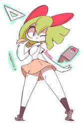 ass_peek black_socks clothed_pokemon creatures_(company) diives game_freak gen_3_pokemon green_hair horns kirlia looking_at_viewer looking_back necktie nintendo notebook one_eye_closed pen pink_eyes pink_necktie pink_skirt pokemon pokemon_(creature) psychic school_uniform shirt sidelocks simple_background skirt socks white_background white_shirt