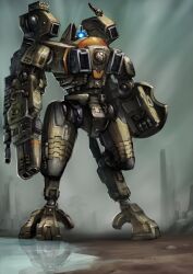 Rule 34 | absurdres, arm cannon, battlesuit, commentary, engineer24, english commentary, glowing, glowing eye, highres, jetpack, looking at viewer, mecha, mecha focus, missile pod, no humans, pool, reflection, reflective water, reverse-jointed legs, robot, shield, solo, standing, t&#039;au, warhammer 40k, weapon