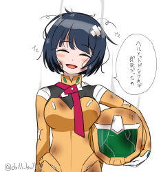 1girl arm_at_side artist_name bandaid bandaid_on_head black_hair blush_stickers bob_cut bodysuit breasts burnt carrying carrying_under_arm closed_eyes commentary_request cracked_helmet crossed_bandaids drill_bulbul facing_viewer gundam gundam_gquuuuuux head_tilt helmet large_breasts mecha_pilot_suit messy_hair open_mouth orange_bodysuit shiiko_sugai short_hair simple_background skin_tight smile smoke solo standing torn_bodysuit torn_clothes translation_request twitter_username unworn_headwear unworn_helmet upper_body white_background