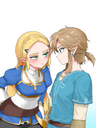 1boy 1girl black_pants blonde_hair blue_eyes blue_tunic blush braid breasts champion&#039;s_tunic_(zelda) closed_mouth commentary_request crown_braid eye_contact gold_trim gradient_background green_eyes hair_tie highres layered_sleeves link long_hair long_sleeves looking_at_another medium_breasts nintendo pants pointy_ears ponytail princess_zelda short_hair short_over_long_sleeves short_ponytail short_sleeves sidelocks the_legend_of_zelda the_legend_of_zelda:_breath_of_the_wild tunic wasabi_(legemd)