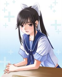 1girl aqua_background black_eyes black_hair blue_neckerchief blue_sailor_collar blue_skirt blush bow chair desk gradient_background hair_ribbon highres long_hair looking_at_viewer love_plus neckerchief official_art open_mouth own_hands_clasped own_hands_together pink_lips plus_sign ponytail ribbon sailor_collar school_chair school_desk school_uniform serafuku sidelocks skirt smile solo takane_manaka three_quarter_view upper_body white_background white_bow white_serafuku