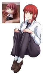 1girl black_necktie black_pants brown_shoes chainsaw_man closed_mouth collared_shirt dress_shoes formal_clothes highres makima_(chainsaw_man) necktie pant_suit pants photo_inset red_hair sachihiro shirt shoes sidelocks simple_background smile socks solo suit white_background white_shirt white_socks yellow_eyes