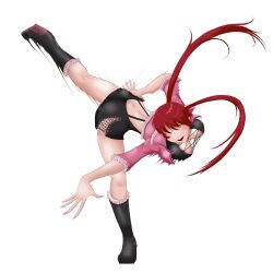 1girl ass boots breasts butt_crack cleavage cleavage_cutout clothing_cutout dress female_focus fishnets flexible from_behind gymnastics heel_up highres jacket large_breasts leg_up long_hair open_mouth pale_skin ponytail red_hair shermie_(kof) skirt smile snk spanking spanking_self standing standing_on_one_leg the_king_of_fighters thighs twintails unbonsouvenir wide_hips