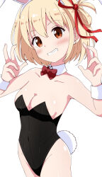 1girl aikawa_ryou animal_ears bare_shoulders black_leotard blonde_hair blush bow breasts brown_eyes cleavage collar detached_collar fake_animal_ears hair_between_eyes hair_ribbon hairband hands_up highres leotard lycoris_recoil medium_breasts nishikigi_chisato rabbit_ears rabbit_tail red_bow red_ribbon ribbon short_hair simple_background solo strapless strapless_leotard tail white_background white_collar white_hairband wing_collar wrist_cuffs