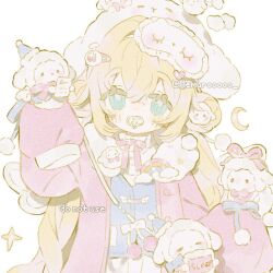 1girl blonde_hair blue_eyes blush bow cardigan double_bun hair_bun hair_ornament jacket long_hair long_sleeves looking_at_viewer memuro open_cardigan open_clothes original pacifier pink_jacket pom_pom_(clothes) ribbon skirt sleep_mask sleeves_past_fingers sleeves_past_wrists solo star_(symbol) twitter_username upper_body white_background white_skirt