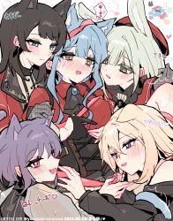 5girls amoris_(bang_dream!) animal_ears ascot bang_dream! bang_dream!_it&#039;s_mygo!!!!! beret black_ascot black_corset black_gloves black_hair blonde_hair blue_eyes blue_hair blush breasts capelet cat_ears cat_girl cat_tail clothing_cutout commentary_request controller corset doloris_(bang_dream!) gloves green_background green_hair grey_gloves groping hair_between_eyes hat highres holding holding_remote_control kemonomimi_mode kyou_039 long_hair medium_breasts medium_hair misumi_uika mortis_(bang_dream!) mortis_(costume)_(bang_dream!) mouth_hold multiple_girls oblivionis_(bang_dream!) open_mouth pink_eyes purple_eyes purple_hair rabbit_ears rabbit_girl red_capelet red_hat red_shirt remote_control remote_control_vibrator sex_toy shirt short_hair shoulder_cutout sweatdrop tail timoris_(bang_dream!) togawa_sakiko vibrator wakaba_mutsumi white_ascot yahata_umiri yellow_eyes yuri yuutenji_nyamu
