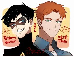 2boys black_hair blue_eyes dc_comics dick_grayson domino_mask grin male_focus mask multiple_boys orange_hair robin_(dc) smile wally_west young_justice:_invasion