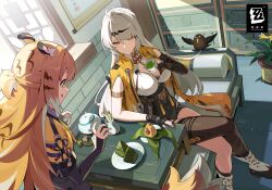 2girls animal_ears armlet asymmetrical_gloves bird black_gloves black_thighhighs blonde_hair boots breasts closed_mouth commentary couch crossed_legs cup elbow_gloves english_commentary fingerless_gloves food gloves green_eyes green_tea grey_hair highres holding holding_cup indoors jewelry ju_fufu licking_lips long_hair mole mole_on_breast multiple_girls official_art on_couch open_mouth single_thighhigh sitting smile tea teacup teapot thighhighs tiger_ears tiger_girl tongue tongue_out uneven_gloves white_boots white_hair yellow_eyes yi_xuan_(zenless_zone_zero) zenless_zone_zero