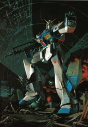 aiming arm_mounted_weapon building colony_interior commentary earth_federation english_commentary finger_on_trigger green_hair green_visor gun guncannon_mp_type gundam gundam_0080 gundam_alex highres holding holding_gun holding_weapon kaida_yuuji mecha mecha_focus mobile_suit no_humans official_art outstretched_arm robot rubble scan science_fiction shield smoke standing third-party_source thrusters v-fin weapon wreckage