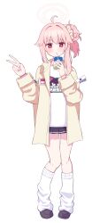 1girl absurdres ahoge black_footwear black_skirt blue_archive blush brown_jacket commentary_request drinking_straw drinking_straw_in_mouth hair_bun hair_flaps hair_ribbon halo hands_up highres holding holding_milk_carton jacket kneehighs kominato_haru long_sleeves looking_at_viewer loose_socks milk_carton miniskirt natsu_(band)_(blue_archive) natsu_(blue_archive) open_clothes open_jacket pink_hair pleated_skirt red_eyes ribbon shirt sidelocks simple_background single_side_bun skirt socks solo transparent_background v white_halo white_ribbon white_shirt white_socks