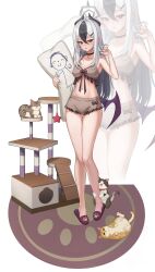 1girl alternate_costume bare_legs bare_shoulders black_choker black_hair black_horns blue_archive breasts bright_pupils brown_shorts choker collarbone demon_horns demon_wings doodle_sensei_(blue_archive) double-parted_bangs frilled_shorts frills full_body grey_hair grey_halo hair_between_eyes hair_ornament hairclip halo highres holding holding_pillow horns kama_(kama_ovo) kayoko_(blue_archive) lingerie long_hair looking_at_viewer low_wings medium_breasts multicolored_hair navel orange_cat parted_lips paw_print pillow playing_with_own_hair purple_slippers rug sensei_(blue_archive) short_shorts shorts single_wing sleepwear slippers slit_pupils standing streaked_hair tabby_cat tsurime two-tone_hair underwear white_background white_pupils wings zoom_layer