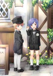 2boys adjusting_hair blonde_hair blue_eyes bow bowtie brown_eyes casval_rem_deikun char_aznable child flower formal_clothes garma_zabi gundam hat highres mobile_suit_gundam mobile_suit_gundam_the_origin multiple_boys p.kibi pantyhose short_hair shorts smile aged_down