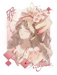 1girl absurdres artist_name bare_shoulders bead_necklace beads blue_eyes border bow bowtie brooch brown_hair checkered_bow checkered_bowtie checkered_clothes chinese_commentary closed_mouth collarbone commentary_request commission crimson_rhapsody_(infinity_nikki) cropped_torso detached_sleeves eyelashes facepaint frilled_bow frilled_sleeves frills hair_bow hair_ribbon happy heart heart_brooch highres hime_lolita infinity_nikki jewelry large_bow light_blush lipstick lolita_fashion long_hair makeup multiple_hair_bows necklace nikki_(series) orange_brooch outside_border pink_lips pointy_nose puffy_short_sleeves puffy_sleeves red_background red_bow red_bowtie red_ribbon red_sleeves ribbon sample_watermark sanguine short_sleeves sidelocks smile solo two-tone_bow two-tone_bowtie two-tone_ribbon watermark wavy_hair white_border yellow_bow yellow_bowtie yellow_ribbon