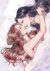 Rule 34 | 2girls, absurdres, anssel3, arms around neck, black hair, black nails, bra, bracelet, brown hair, closed eyes, commentary, earrings, from above, genderswap, genderswap (mtf), highres, jewelry, long hair, looking at another, ming yi, multiple girls, parted lips, pillow, pink bra, shi qingxuan, tianguan cifu, under covers, underwear, yuri