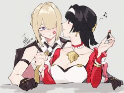 2girls astra_yao beamed_eighth_notes black_gloves black_hair blonde_hair clothes_grab collared_shirt cosmetics dated dress evelyn_chevalier gloves hair_over_one_eye hairband holding holding_lipstick_tube jacket jewelry lipstick_mark lipstick_mark_on_face lipstick_tube long_hair maonokiuro mole mole_under_eye multiple_girls musical_note necklace necktie necktie_grab neckwear_grab pearl_necklace purple_eyes red_eyes red_jacket shirt signature sleeveless sleeveless_shirt watermark white_dress white_hairband white_shirt yellow_necktie yuri zenless_zone_zero