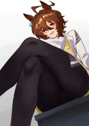 1girl agnes_tachyon_(umamusume) ahoge animal_ears brown_hair cer00l crossed_legs earrings hair_between_eyes highres horse_ears horse_girl jewelry lab_coat looking_at_viewer looking_down pantyhose red_eyes simple_background single_earring skirt sleeves_past_fingers sleeves_past_wrists smile solo umamusume white_background