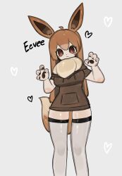 animal_ears beige_fur breasts brown_eyes brown_hair eevee fur_collar furry furry_female gen_1_pokemon heart highres hood hoodie large_breasts long_hair looking_at_viewer nintendo pokemon pokemon_(creature) smile tail thighhighs togetoge zettai_ryouiki
