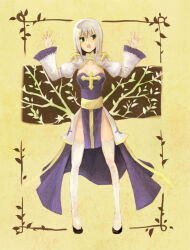 Rule 34 | 1girl, arch bishop (ragnarok online), black shoes, blue dress, breasts, cleavage, cleavage cutout, clothing cutout, commentary request, cross, dress, full body, green eyes, hands up, juliet sleeves, long sleeves, looking to the side, medium breasts, medium hair, open mouth, puffy sleeves, ragnarok online, sansaro, sash, shoes, solo, thighhighs, two-tone dress, white dress, white hair, white thighhighs, yellow background, yellow sash
