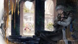 Rule 34 | 1girl, 2boys, absurdres, antenna hair, architecture, armband, armor, black choker, black gloves, black pants, black shirt, blue cape, blue eyes, blue sky, cape, choker, coat, commentary request, crossed arms, cyrene (honkai: star rail), fek zin, figure four sitting, fingerless gloves, fountain, gloves, greco-roman architecture, hadanugi dousa, hair ornament, highres, honkai: star rail, honkai (series), multiple boys, off shoulder, open kimono, pants, pauldrons, phainon (a dream scented in wheat) (honkai: star rail), phainon (honkai: star rail), pink hair, purple coat, shirt, short hair, short sleeves, shoulder armor, single pauldron, sitting, sky, thigh strap, white coat, white hair, white shirt