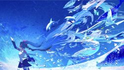 Rule 34 | 1girl, absurdly long hair, air bubble, animal, arm up, black skirt, black sleeves, black thighhighs, blue hair, blue necktie, blue theme, breasts, bubble, caustics, closed eyes, cowboy shot, detached sleeves, dolphin, facing ahead, facing up, fish, floating hair, from side, hatsune miku, highres, long hair, makoron117117, manta ray, necktie, orca, profile, revision, scenery, shirt, sideways, skirt, sleeveless, sleeveless shirt, small breasts, solo, thighhighs, twintails, underwater, very long hair, vocaloid, water, white shirt, wide shot, zettai ryouiki