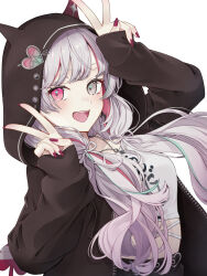 1girl black_hoodie heterochromia hoodie ishigami_nozomi looking_at_viewer nijisanji sleeves_past_wrists solo v virtual_youtuber yu-ki_(user_dttw2327)