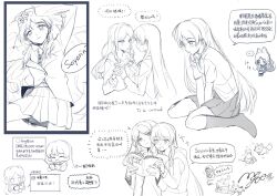 2girls ^_^ absurdres animal_ears animalization bang_dream! bang_dream!_it&#039;s_mygo!!!!! blush book cellphone chihaya_anon chinese_commentary chinese_text closed_eyes closed_mouth commentary_request diagonal-striped_clothes diagonal-striped_necktie ear_blush fang fox_ears fox_girl fox_tail greyscale haneoka_school_uniform highres holding holding_book holding_phone interlocked_fingers kaname_raana kemonomimi_mode kneehighs long_hair long_sleeves lying mnyfn7 monochrome multiple_girls mygo!!!!!_(bang_dream!) mygo!!!!!_logo_(bang_dream!) nagasaki_soyo necktie on_back open_book open_mouth phone pleated_skirt raana_the_cat school_uniform shiina_taki short_sleeves sidelocks simple_background sitting skirt smartphone socks spot_color striped_clothes sweatdrop tail takamatsu_tomori translation_request tsukinomori_school_uniform wariza white_background yuri