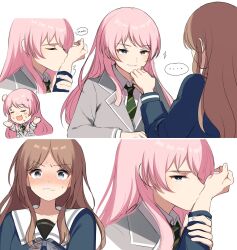 2girls bang_dream! bang_dream!_it&#039;s_mygo!!!!! blue_eyes blue_shirt blush brown_hair chihaya_anon closed_eyes collared_shirt commentary fang green_necktie grey_eyes grey_jacket haneoka_school_uniform hashtag-only_commentary highres hiruver holding_another&#039;s_wrist jacket kiss kissing_hand long_hair looking_at_viewer multiple_girls nagasaki_soyo necktie parted_lips pink_hair sailor_collar school_uniform shirt simple_background skin_fang sweat tsukinomori_school_uniform white_background white_sailor_collar white_shirt yuri