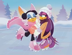 2girls alternate_costume animal_ears animal_nose bat_ears bat_girl bat_wings bird_girl blowing_kiss blue_eyes blue_eyeshadow cloudvampire commentary couple earmuffs english_commentary eye_contact eyeshadow furry furry_female furry_with_furry gloves hat highres ice_skates ice_skating looking_at_another makeup multiple_girls no_lineart official_style open_mouth outdoors pom_pom_(clothes) rouge_the_bat scarf skates skating smile sonic_(series) sonic_riders_(series) standing tail uno_yuuji_(style) wave_the_swallow white_fur white_gloves white_hair wings winter yuri