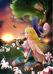 1boy androgynous ascot belt bird bird_request blonde_hair blue_eyes blurry brick_wall capelet chevalier_d&#039;eon_(fate) cloud depth_of_field evening fate/grand_order fate_(series) flower frilled_skirt frills grass hair_blowing hat hat_feather highres holding holding_flower leaf lens_flare lily_(flower) long_hair male_focus mountain navel nest sanninbi sidelocks sitting skirt smile solo sunset trap tree whorled_feather
