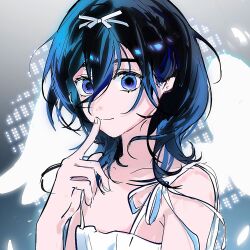 1girl alien_stage black_hair blue_eyes bow chinese_commentary cidao84194 closed_mouth commentary dilated_pupils dress english_commentary finger_to_mouth hair_between_eyes hair_bow highres medium_hair mixed-language_commentary official_alternate_costume portrait sleeveless sleeveless_dress smile solo sua_(alien_stage) white_bow white_dress white_wings wings wolf_cut