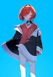 1girl absurdres alternate_hair_color ange_katrina ange_katrina_(1st_costume) bare_legs black_coat blue_background blue_hair blush cardigan closed_eyes closed_mouth coat colored_inner_hair commentary_request dress feet_out_of_frame flat_chest hair_intakes hair_ornament hatyuuruinohito highres light_particles multicolored_hair nijisanji off_shoulder open_clothes open_coat red_cardigan red_hair short_dress short_hair sleeves_past_wrists solo straight-on swept_bangs triangle_hair_ornament two-tone_hair virtual_youtuber white_dress