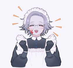 1boy :d ^_^ aotsuki_eito apron black_gloves blood blood_on_face blush clenched_hands closed_eyes commentary_request cropped_torso crossdressing glasses gloves grey_hair hands_up maid maid_apron maid_headdress male_focus male_maid open_mouth rizu_geass short_hair simple_background smile solo the_hundred_line_-last_defense_academy- white_background