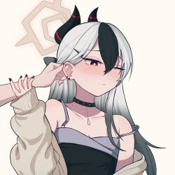 1girl 1other aoore_x64 black_choker black_dress black_hair black_horns black_nails blue_archive brown_jacket choker closed_mouth collarbone demon_horns dress ear_piercing grey_hair hair_between_eyes halo hand_up highres horns jacket kayoko_(blue_archive) kayoko_(dress)_(blue_archive) long_hair long_sleeves mole mole_on_collarbone off_shoulder official_alternate_costume official_alternate_hairstyle one_eye_closed piercing red_eyes simple_background solo_focus tucking_hair white_background